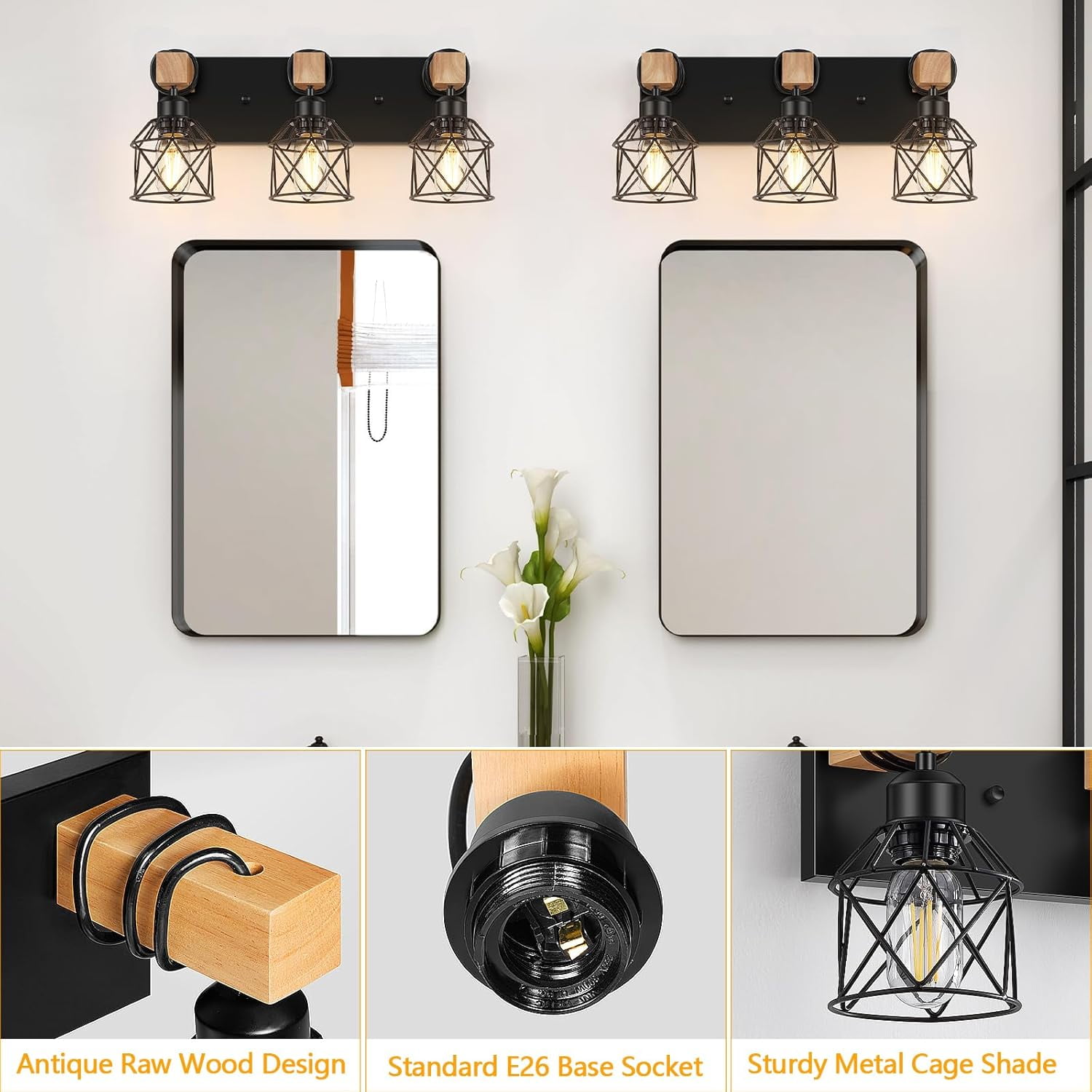 3-Light Bathroom Light Fixtures over Mirror Bathroom Vanity Light Farmhouse Black Bathroom Lighting Fixtures with Metal Lampshade for Bedroom, Hallway, Living Room