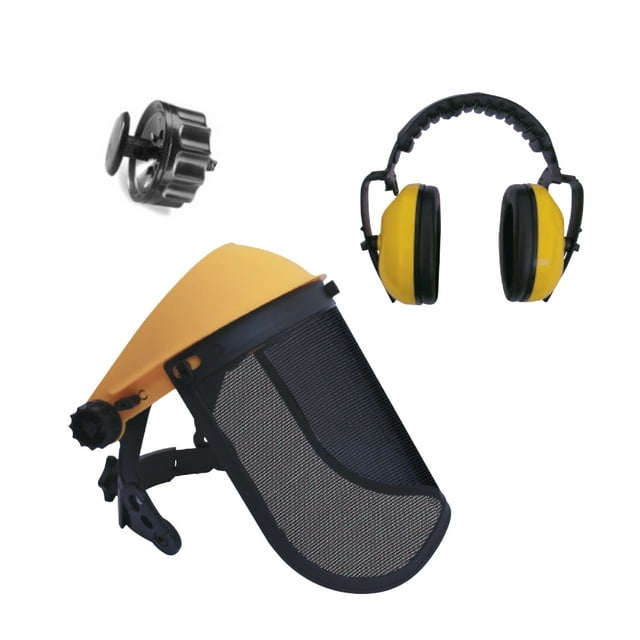 careta de seguridad malla de metal ajustable karlen 14esling005ch con protectores auditivos, montura plástica ajustable y malla metálica negra; visera amarilla con borde negro, medidas 310 x 190 mm, audífonos amarillos con almohadillas negras para ruido mayor a 30 dB; a menudo se usa también para labores de jardinería o poda ligera.