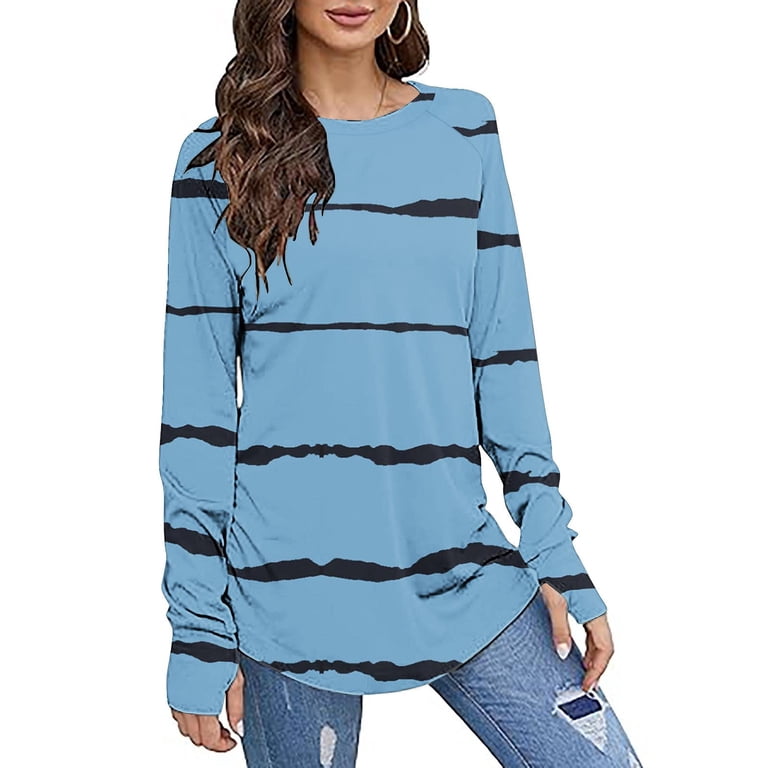 Eryao Womens Thumb Hole Shirts Long Sleeve Striped Fashion Tops