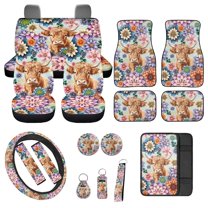 Jeiento Highland Cow Car Seat Cover Set 17 Pcs Dahlia Car Seat Cover with Car Floor Mats Steering Wheel Cover, Seat Belt Cover Armrest Pad Cover for Women Men, Car Interior Accessories