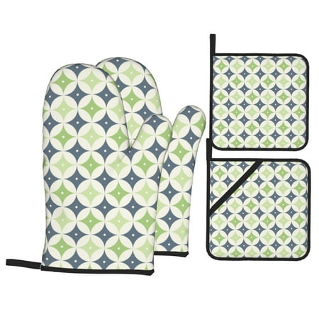 

Oven Mitts and Pot Holders Sets 4 pcs - Green Gray Geometric Pattern Heat Resistant Silicone Oven Gloves with Non-Slip Silicone Surface and hot pads for kitchen Baking Cooking BBQ