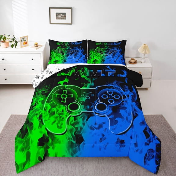 Erosebridal Teen Video Game Bedding Twin Comforter Set,Blue Greeen Down Comforter,Gamepads Gamer Bedding Sets Twin With Comforter,Super Cozy Gradient Bedroom Decoration,Reversible,2-Piece