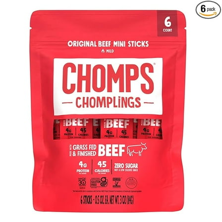 CHOMPS MINI Grass Fed Beef Jerky Meat Snack Sticks 0.5 Oz, Original Beef (Pack of 6)( Pack of 2 )