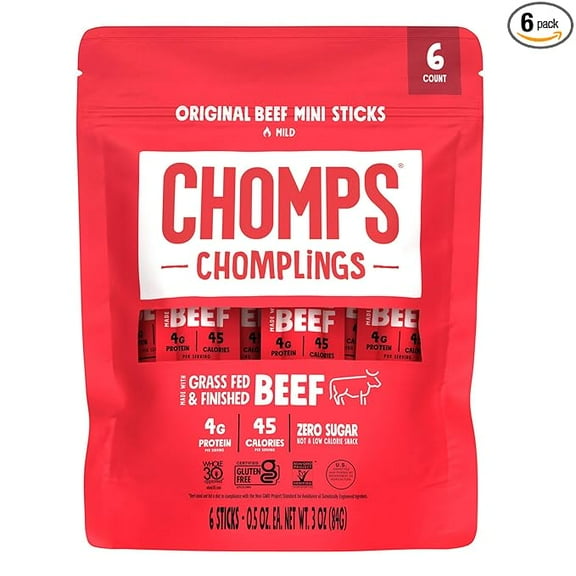 CHOMPS MINI Grass Fed Beef Jerky Meat Snack Sticks 0.5 Oz, Original Beef (Pack of 6)( Pack of 2 )