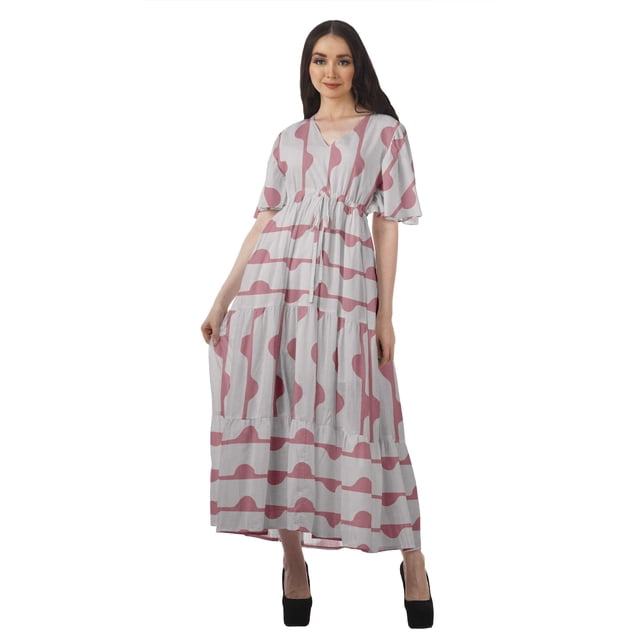 Moomaya Tunique à Manches Courtes Robes de Cocktail pour Femmes Robe en Coton Slub Imprimée