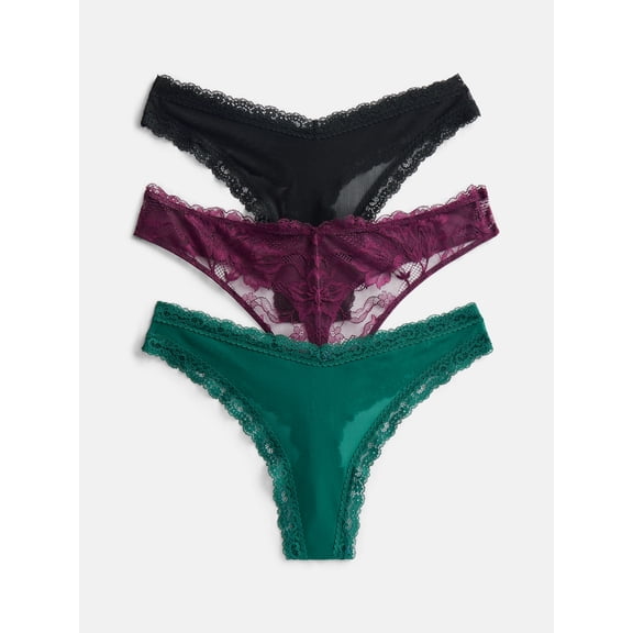 Joyspun Women's Sheer Lace Thong Panties, 3 Pack, Rio Plum/Green Tropic/Black, Size S