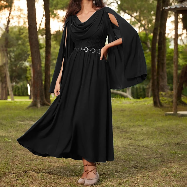 Enjoytime Flowy Dresses for Women Solid Color Long Sleeve Pleated Maxi Dress  Fashion Crewneck Elegant Vintage Goth Dress Black S - Walmart.com