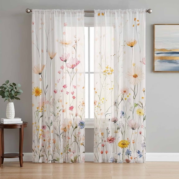 Spring Flowers Semi Sheer Window Curtains 84 Inches Long, Watercolor Wildflowers Farmhouse Floral Rod Pocket Voile Silky Chiffon Curtain Light Filtering Drapes for Living Room, 52"x84", 2 Panels