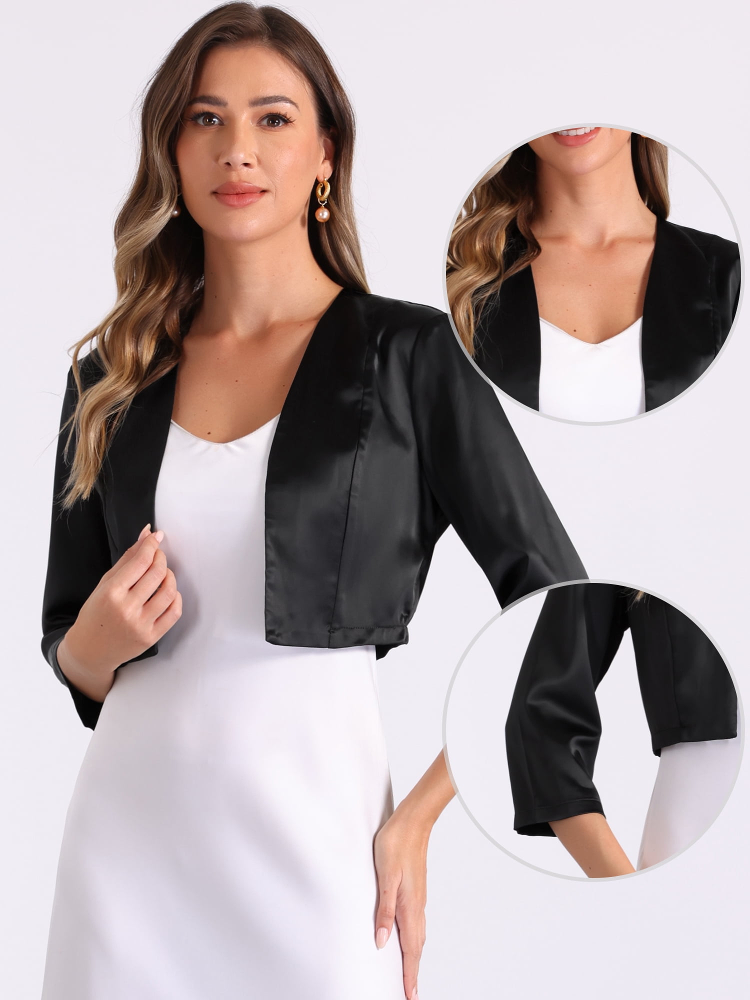 DARING DIVA Women's Satin Cardigan 3/4 Sleeve Cropped Work Bolero Shrug L Black