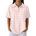 thumbnail image 2 of Plaid Polo Shirts for Women Waffle Button Collared Summer Short Sleeve Tops Lightweight Work Golf Shirt Womens Blouses Pink 3XL, 2 of 8