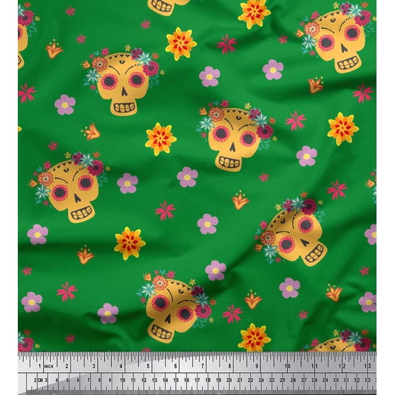 Soimoi Green Silk Fabric Floral & Tribal Skull Decor Fabric Printed Yard 42 Inch Wide