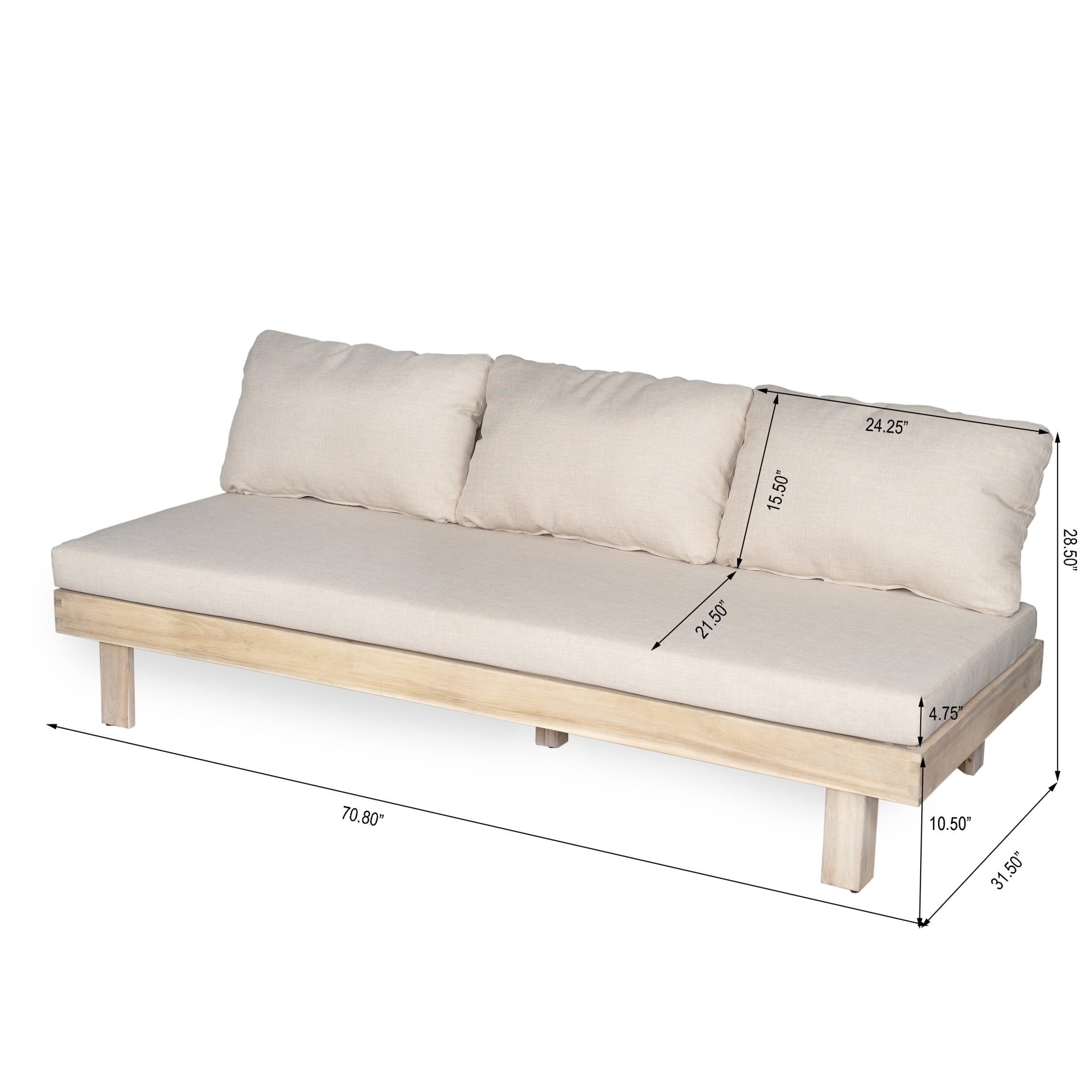 Christopher Knight Home 70.8" Outdoor 3 Seater Sofa, Armless Wood Frame with Cushions, Light White+Sand