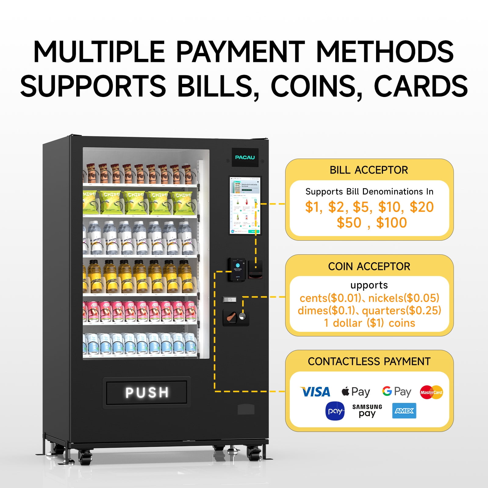 Smart Vending Machine, 60 Slot Snack and Drink Combo with Remote App Monitoring, Cashless Payment (Bill/Coin/Card Reader), Large Capacity Commercial Vending Machine for Office, Gym, Apartment