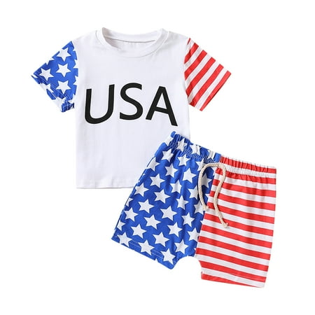 

B91xZ 4th of July Outfits Independence Day Girls Boys Short Sleeve Letter Prints T Shirt Tops Short Pants Sizes 6-12 Months