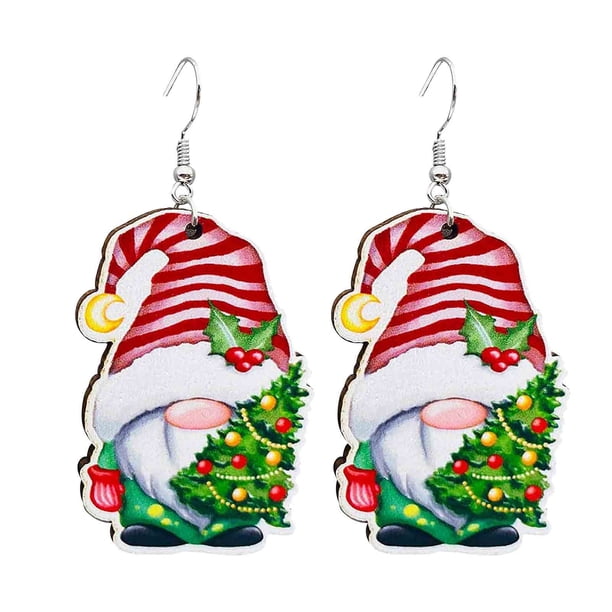 Árbol de Navidad Luces Pendientes de Madera Conjunto con Santa Claus Enano Muñeco de Nieve Colgantes, Aleación Acrílico Ligero Regalo de Fiesta para Mujeres, Niña