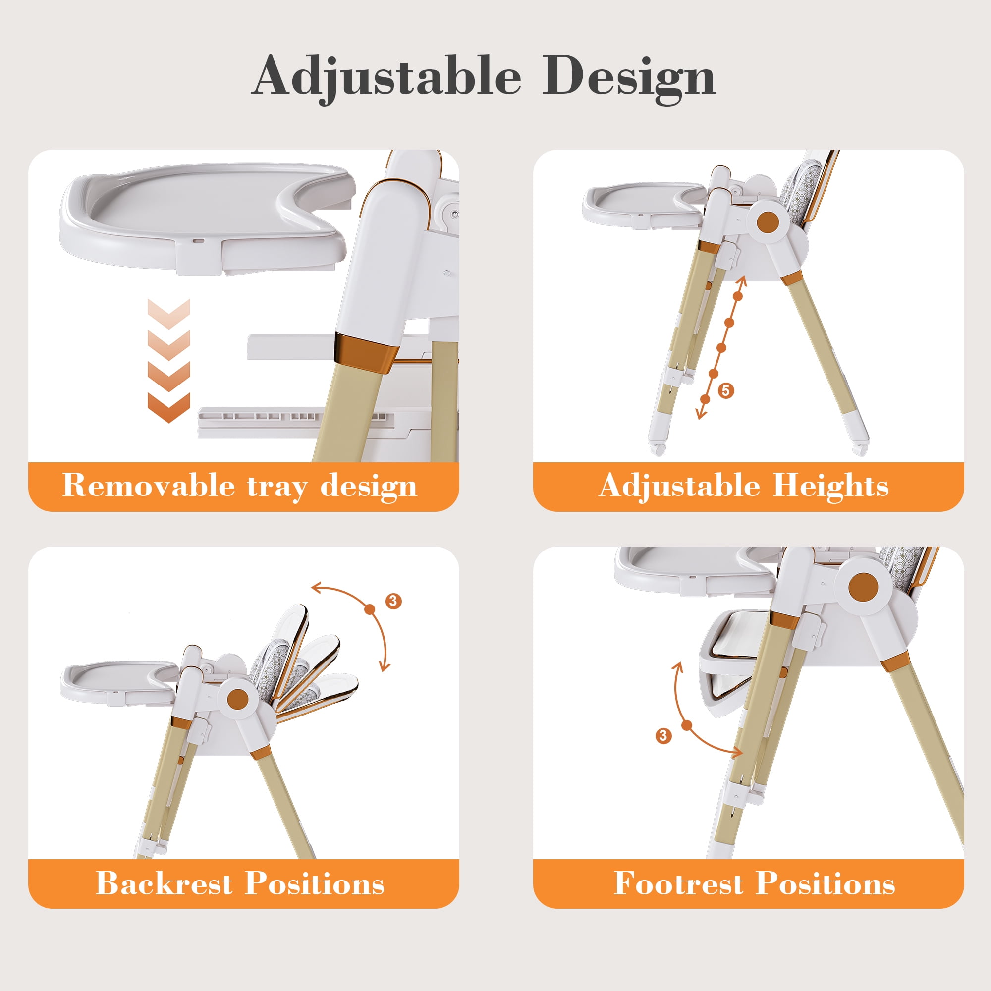 Jopath Convertible Baby High Chair with 5-Point Harness,Adjustable Portable Foldable Feeding Chair with Wheels & Removable 2-Tier Tray for Dining,White