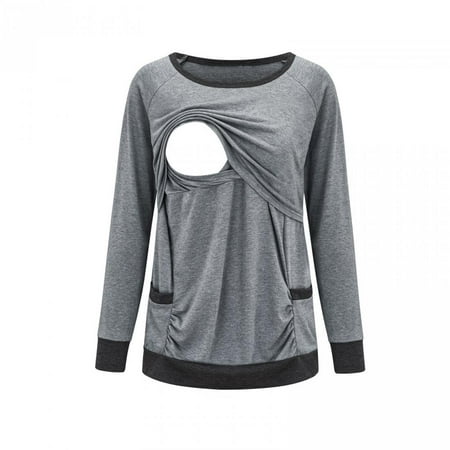 

Kiplyki Wholesale Ladies Fashion Solid Color Wrinkles Cotton Round Neck Long Sleeve Maternity Breastfeeding Clothe Top