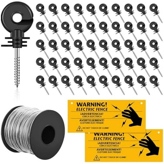 53 Pcs Electric Fence Set 250FT Electric Fence Wire 50 Pcs Electric Fence Insulators and 2 Pcs Electric Fence Warning Signs for Animal Husbandry Electronic