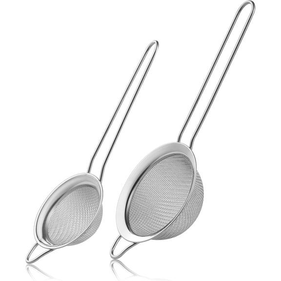 2 Pack Fine Mesh Strainers, Mini Stainless Steel Strainer with Handle for Kitchen, Metal Sieve Sifters for Straining Tea, Matcha, Cocktail, Juice and Coffee (8.6in 7.5in)