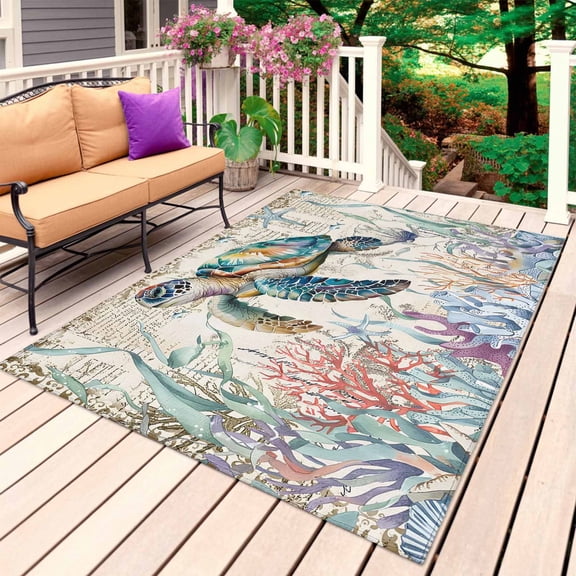 Blue Sea Turtle Coastal Outdoor Rug for Patio/Deck/Porch, Non-Slip Large Area Rug 4 x 6 Ft, Vintage Summer Beach Coral Ocean Indoor Outdoor Rugs Washable Area Rugs, Camping Rug Carpet Runner