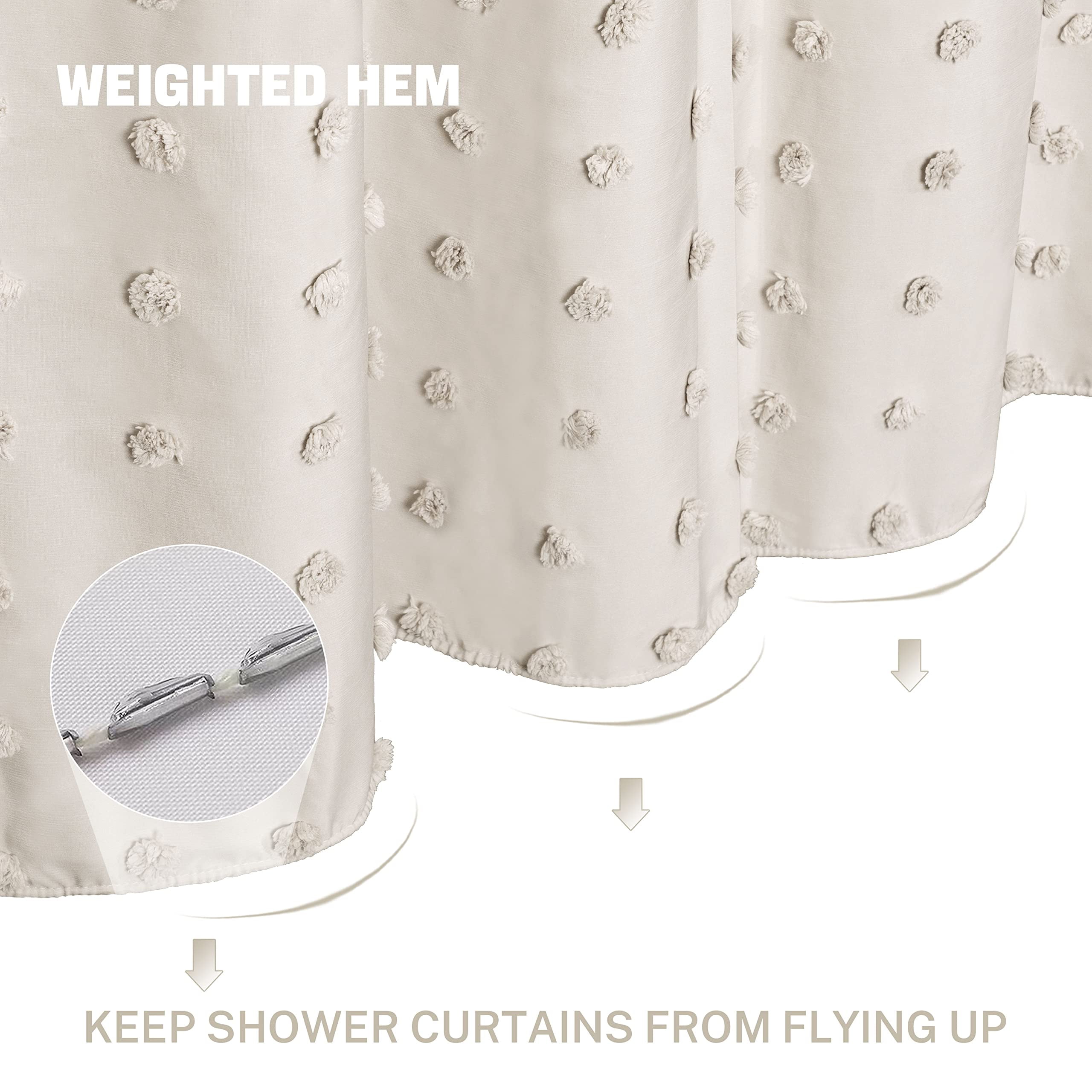 Siiluminisoy Beige Farmhouse Shower Curtains, Heavy-Duty Mold/Mildew-Resistant,Water-Repellent, Machine-Washable,Tufted Pleat Floral Puffs Design,72 x 72