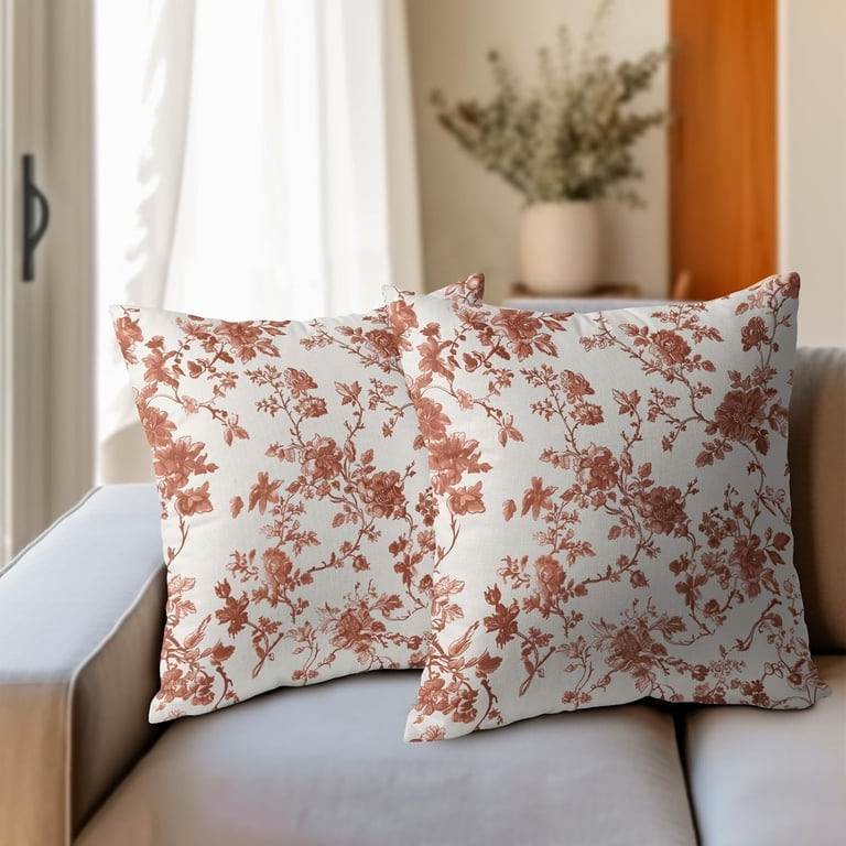 2-Pack 18x18 Inch Fall Pillow Covers – Burnt Orange Vintage Floral, Linen Look, For Couch Sofa Bed Seasonal Decor