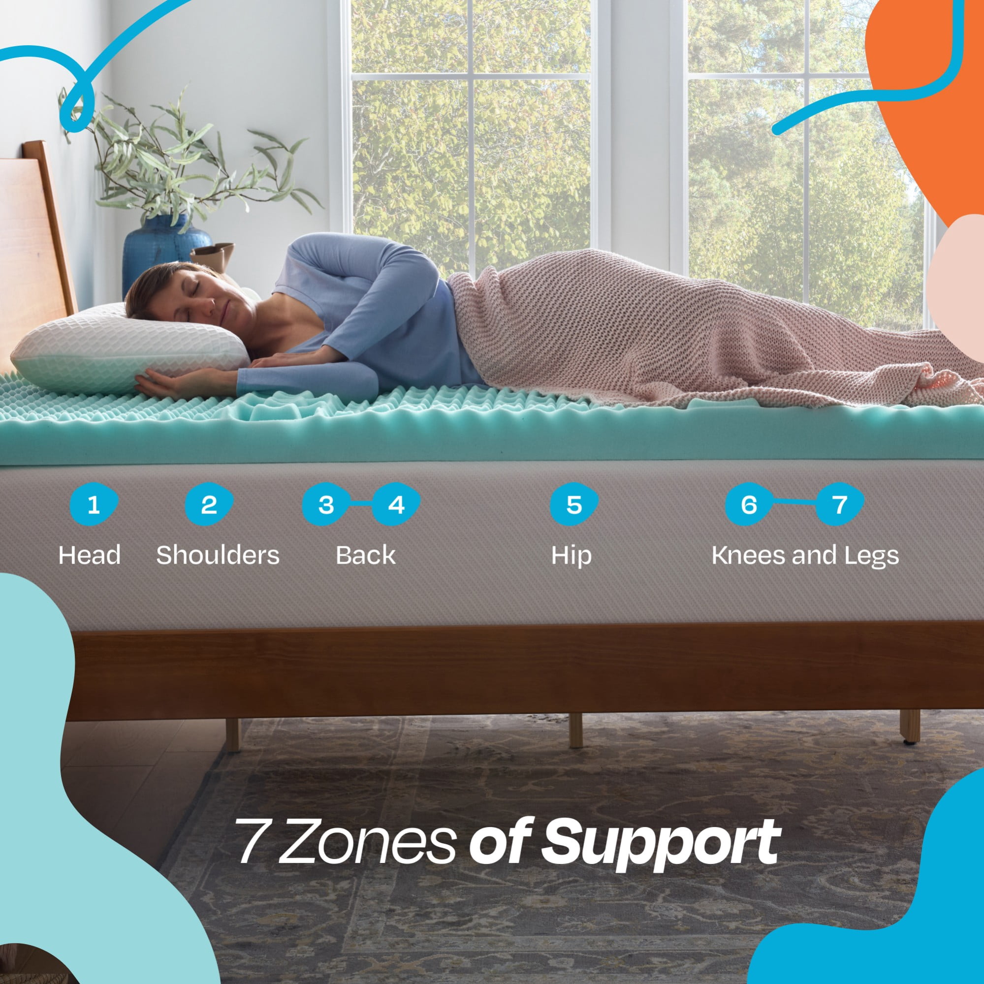Linenspa 3" 7-Zone Cooling Gel and Green Tea Infused Memory Foam Mattress Topper, Twin