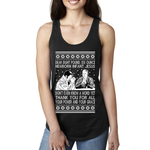 Wild Bobby 8 Pound 6 Ounce Baby Jesus Shake and Bake Women Racerback Tank Top, Black, Small