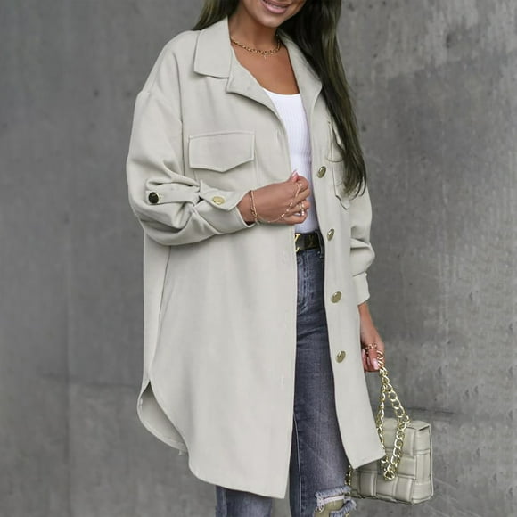 Hjcommed Cardigan à Col Rabattu pour Femmes Manches Longues Boutons Chemise Extérieur Beige S