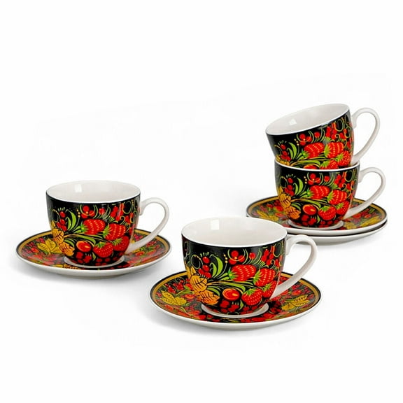 STP GOODS Folk Patterns Bone China Cup and Saucer Set for 4 in Gift Box 8.8 fl oz (260 ml) Teacup with Saucer Kitchen Tea and Coffee Cup