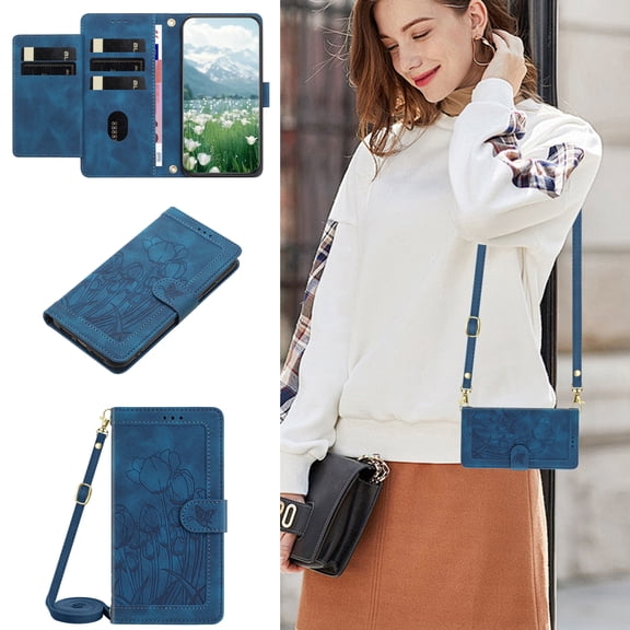 Favorn Case for iPhone 18 Pro with Shoulder Strap & Wrist Strap, Slim Fit PU Leather Wallet Phone Case Cash Slot RFID Blocking Anti-Fingerprint Shockproof Back Cover Bumper, Blue