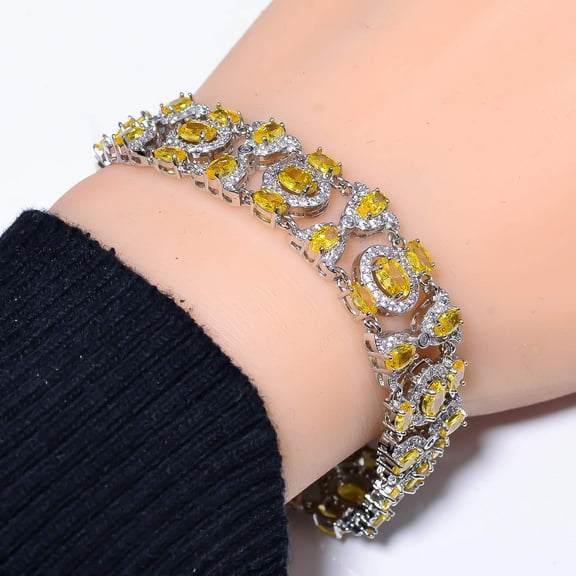 Yellow Sapphire & CZ 925 Sterling Silver Tennis Bracelet 7.99" B1931, New Year Sale, Valentin's Day Gift