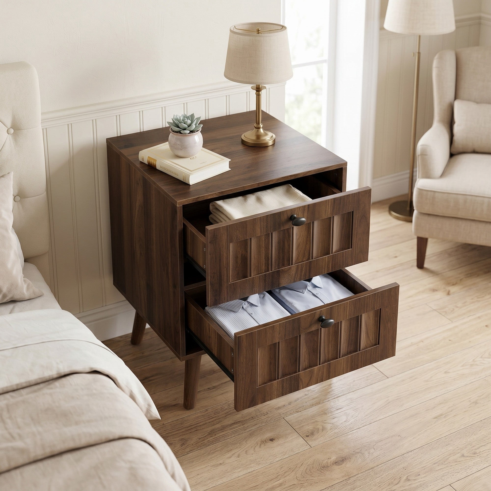 Sailvan Mid-Century Modern Double-Drawer Bedside Table 2-Pack, Walnut with Solid Wood Legs