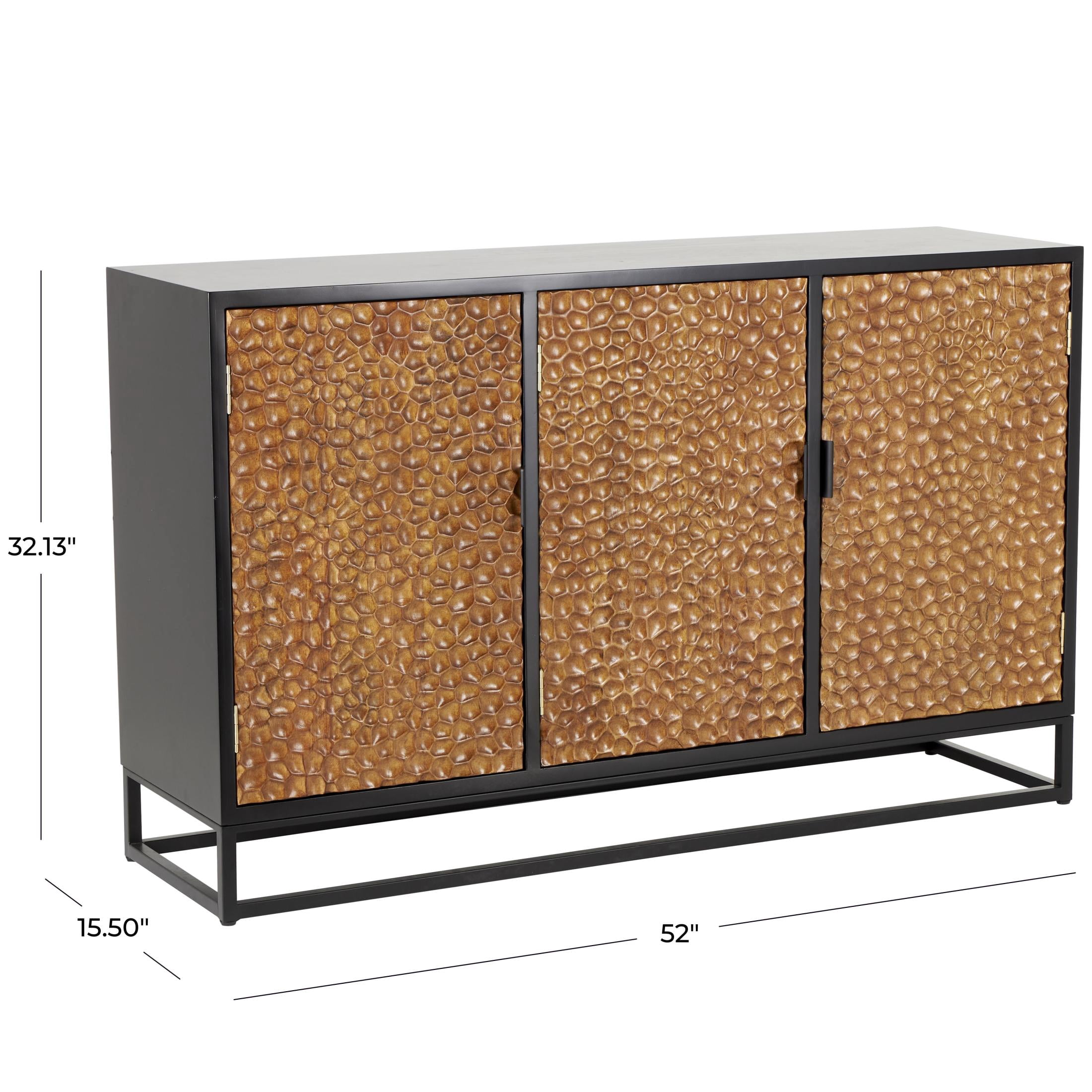 DecMode 52" x 32" Brown Wooden Handmade Carved Pebbled 3 Door Sideboard with Black Metal Frame, 1-Piece