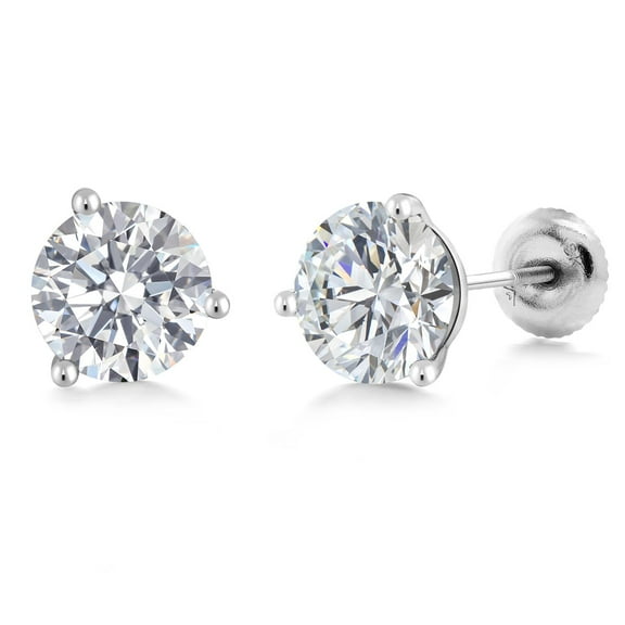 Gem Stone King 2 Ct Round 18K White Gold IGI Certified Lab Grown Diamond 3-Prong Martini Stud Earrings | D-E Color | VS1-VS2 Clarity | Gold Earrings for Women Men | Secure Screw Backs