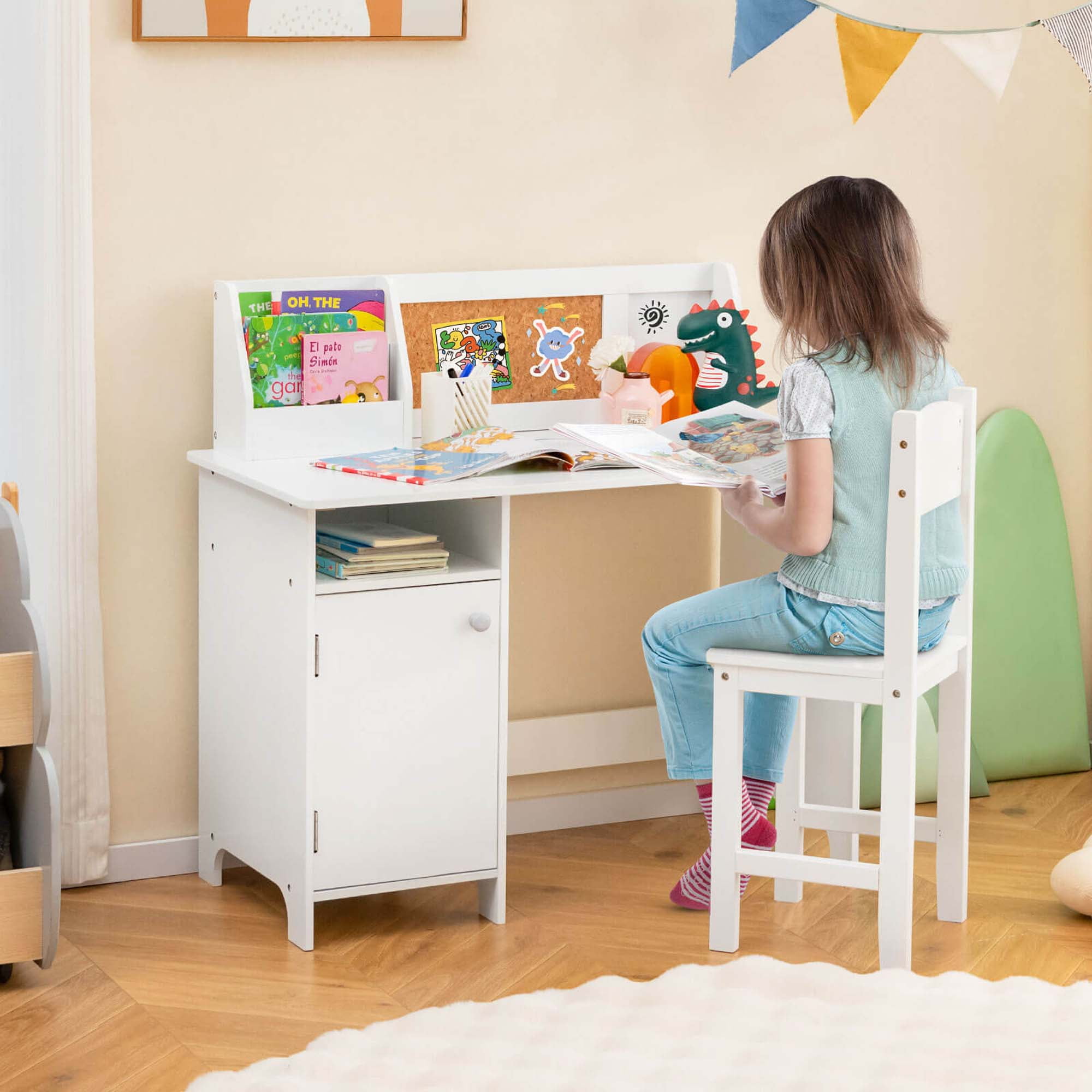 Costway Kids Study Desk Chair Children Table & Chair Set with Whiteboard White