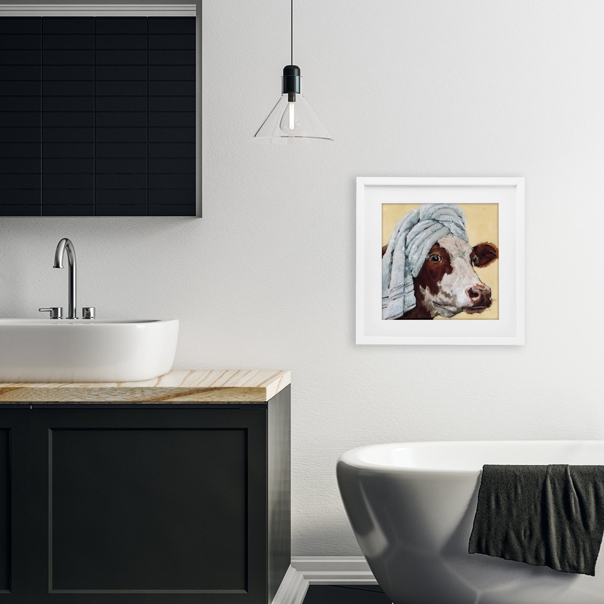 Stupell Industries Cow Spa with Towel White Framed Print Under Glass, design by Studio Bautista