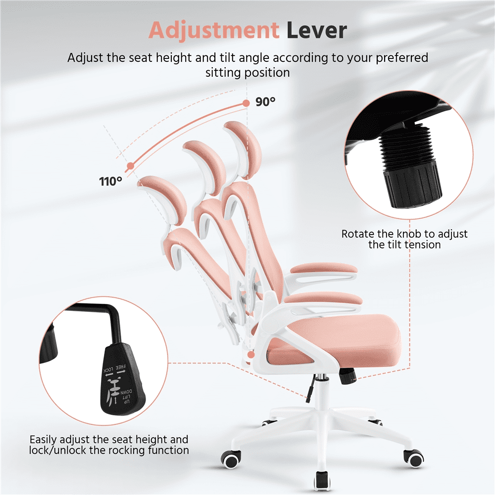 Alden Design Mesh Office Chair with Adjustable Padded Headrest Adult, White/Pink