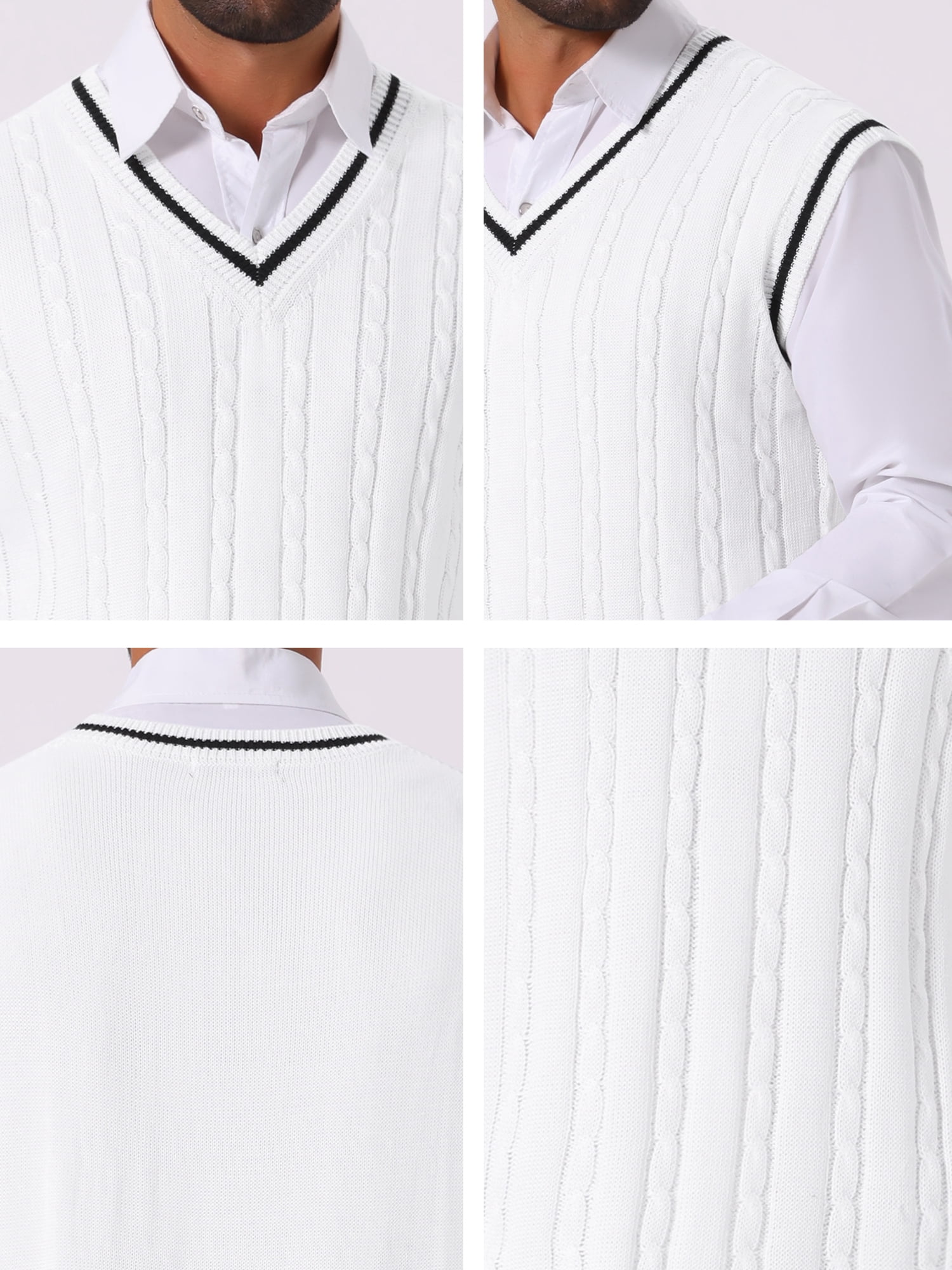 DARING DIVA Men's Solid Color V-Neck Sleeveless Cable Knitted Sweater Vest M White