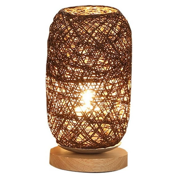 Dimmable Rattan Table Lamp - Bamboo Woven Handmade Boho Beside Light, Small Wicker Desktop Nightstand Accent for Living Room, Bedroom, Dorm Decor, Brown