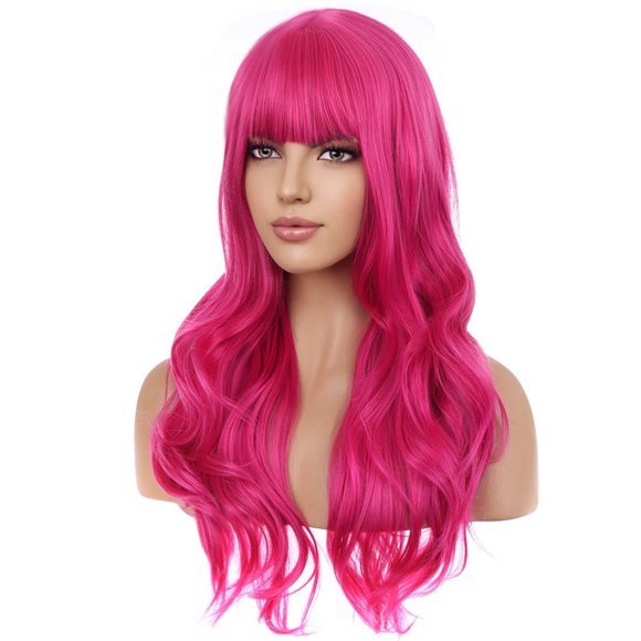 BERON Peluca rosa fuerte de 26 pulgadas, peluca larga ondulada con flequillo, peluca sintética, peluca larga de color rojo rosa para fiesta diaria con gorro de peluca