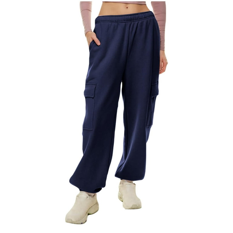 Sweatpants for women Casual Trousers High Waist Drawstring With  Multi-Pockets Long Pants wide-legged pants Loose Casual Pants Navy XL 