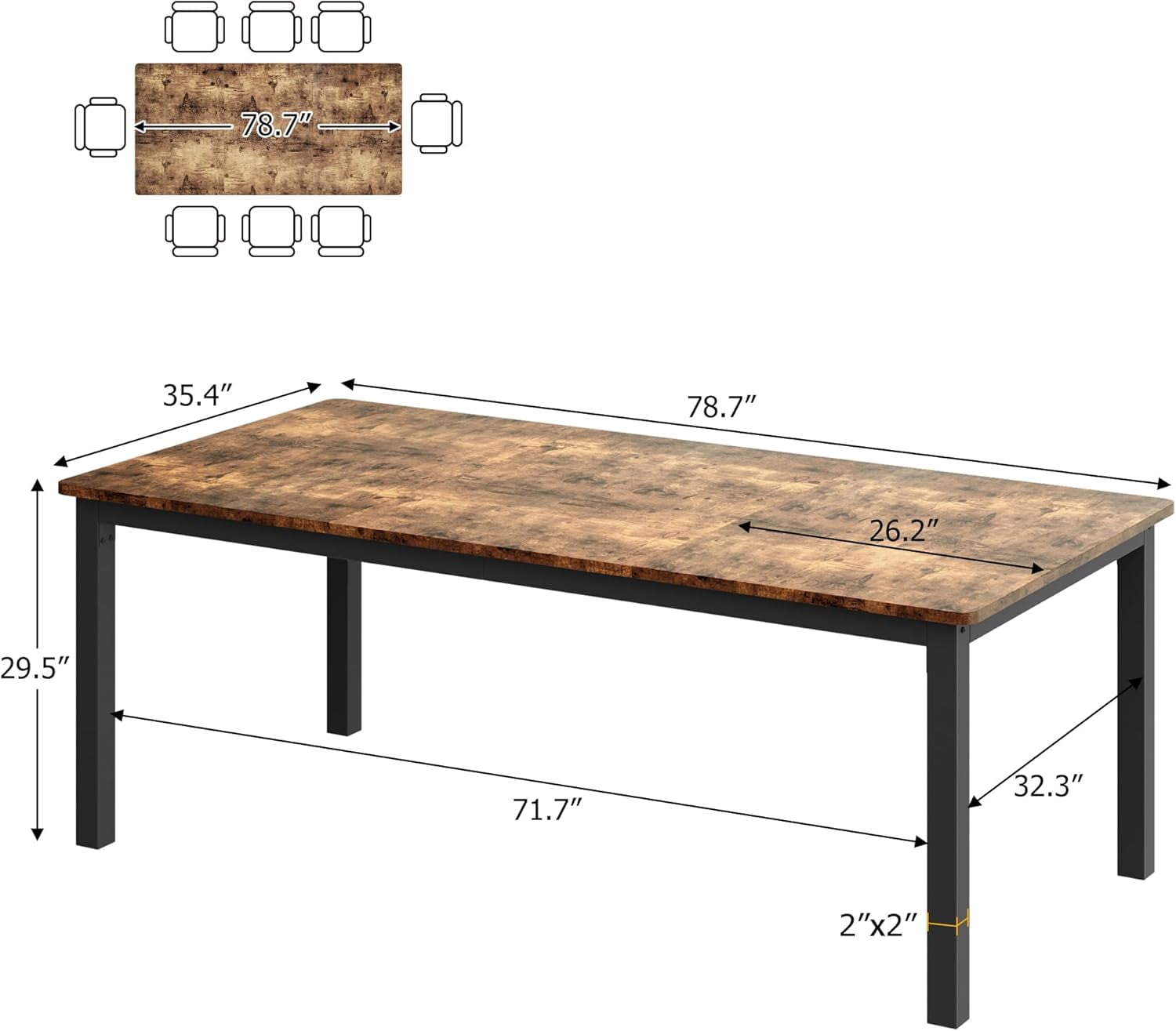 Garvee 78.7" Long Dining Table for 6-8 People, Large Rectangular Kitchen Table with Sturdy Metal Legs, Modern Industrial Dining Table with Rounded Corners, Brown