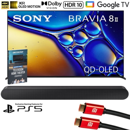 Sony BRAVIA 8 II 65 inch QD-OLED 4K HDR Google TV (2025) K65XR80M2 Bundle with Samsung 3.0ch All-in-One Soundbar, 2x HDMI Cable and Deco Gear Home Theater Beginner's Guide