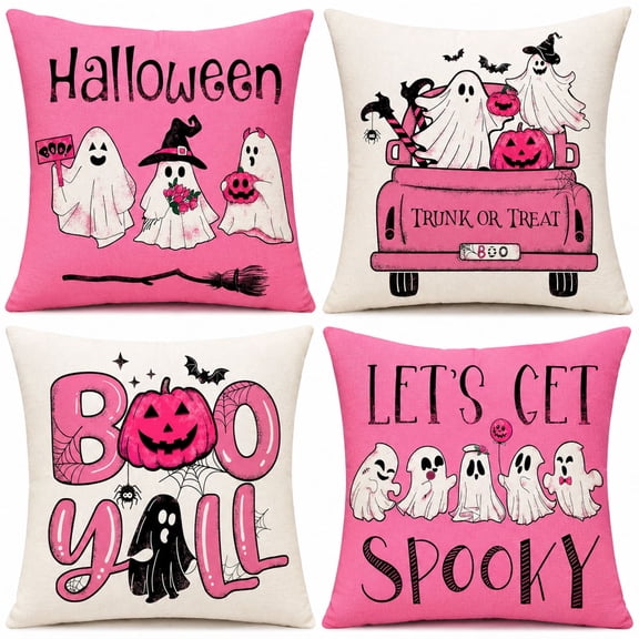 4 Pack Pink Halloween Pillow Covers 18x18, Cute Ghost Pumpkin Throw Pillow Covers for Couch Sofa, Faux Linen Halloween Decorative Cushion Covers for Living Room Bedroom Home Decor