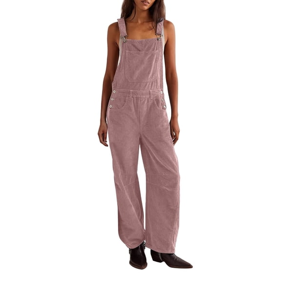 Womens Corduroy Overalls Loose Wide Leg Jumpsuit Adjustable Strap Bib Romper Pants with Pockets