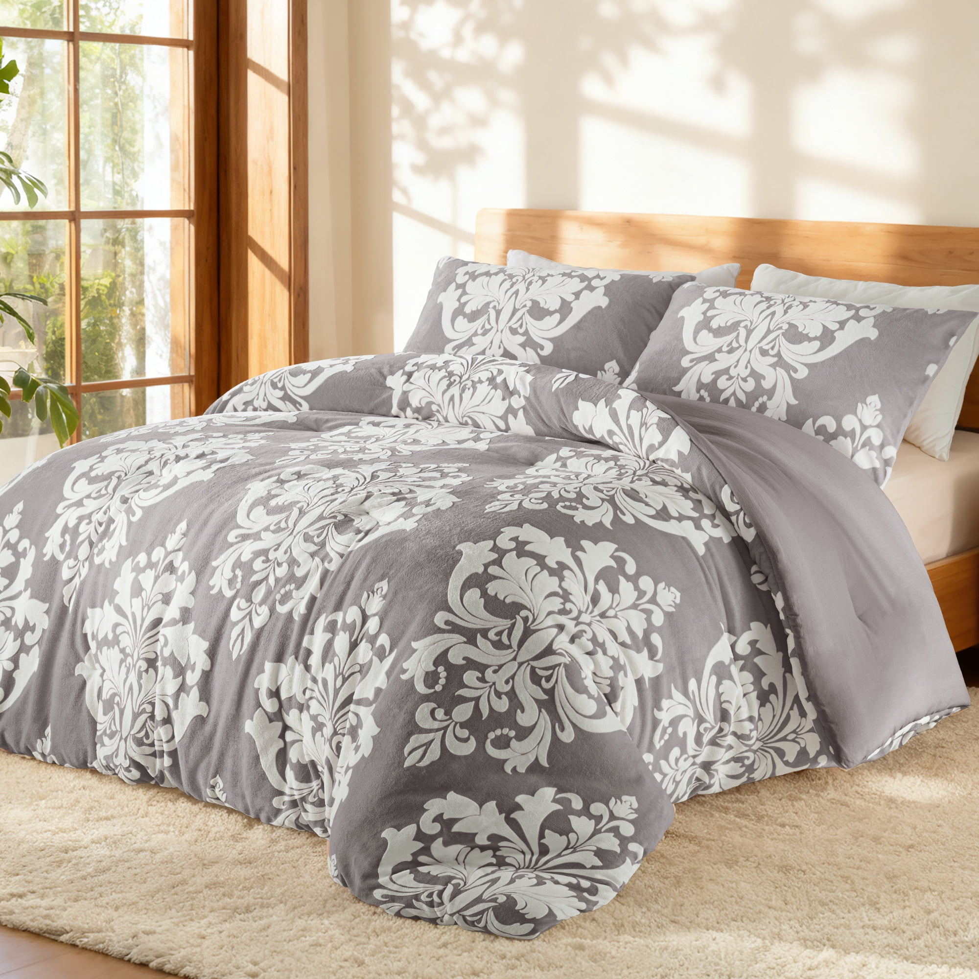 Exclusivo Mezcla Luxury Fuzzy Queen Comforter Set, 3 Pieces Boho Soft Warm Grey Comforters, Reversible Flannel Fluffy Bedding Comforter Sets for All Seasons