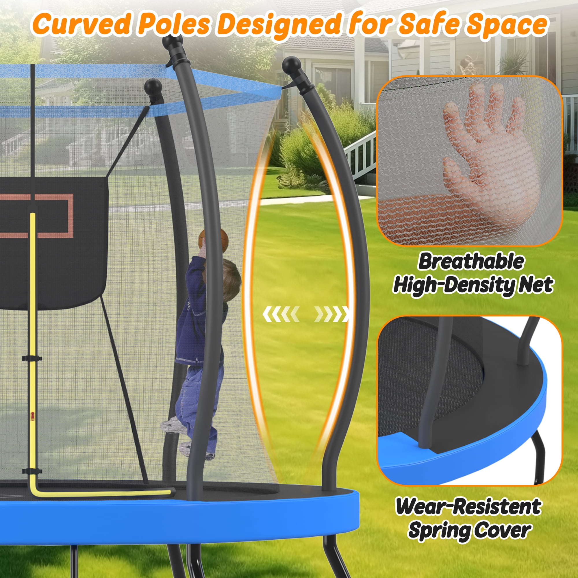 8FT Trampoline with Basketball Hoop, Enclosure Net and Ladder, Outdoor Recreational Backyard Trampoline