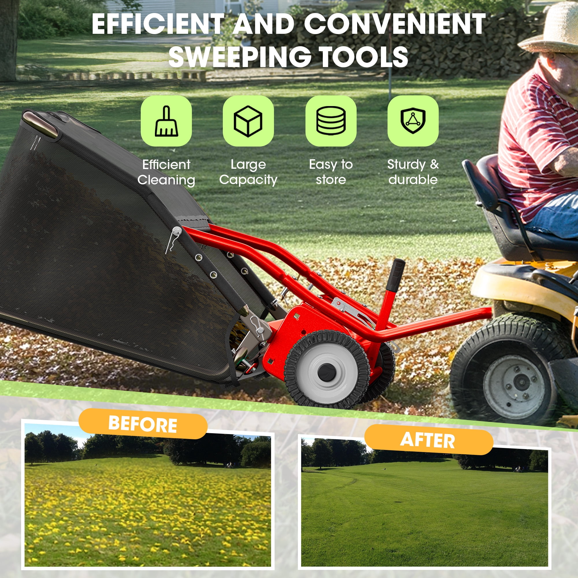 48" Tow-Behind Lawn Sweeper, Pull Behind Grass and Leaf Collector with 25.16 Cu. ft Hopper, Adjustable Brush Height Lever & Dumping Rope for Lawn and Yard Cleanup,Red