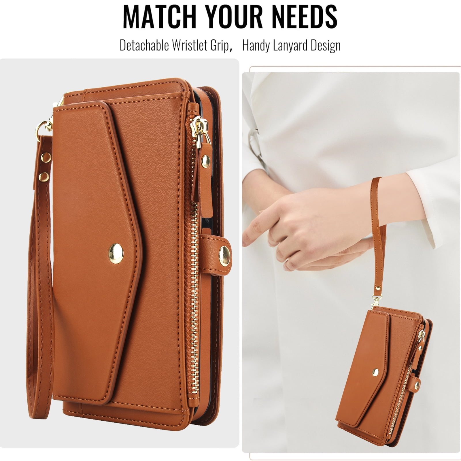 Designed for Google Pixel 8 Multi-Function Wallet Phone Case,With Shoulder Strap&Wrist Strap,Cash Pocket&Card Slots,Zipper Purse,Magnetic Detachable PU Leather Flip Phone Case,Brown